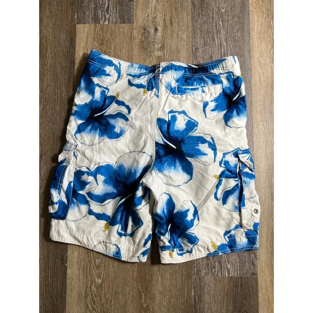 Hollister Mens Blue‎ White Hibiscus Floral Cargo Board Shorts Swim Trunks Size L